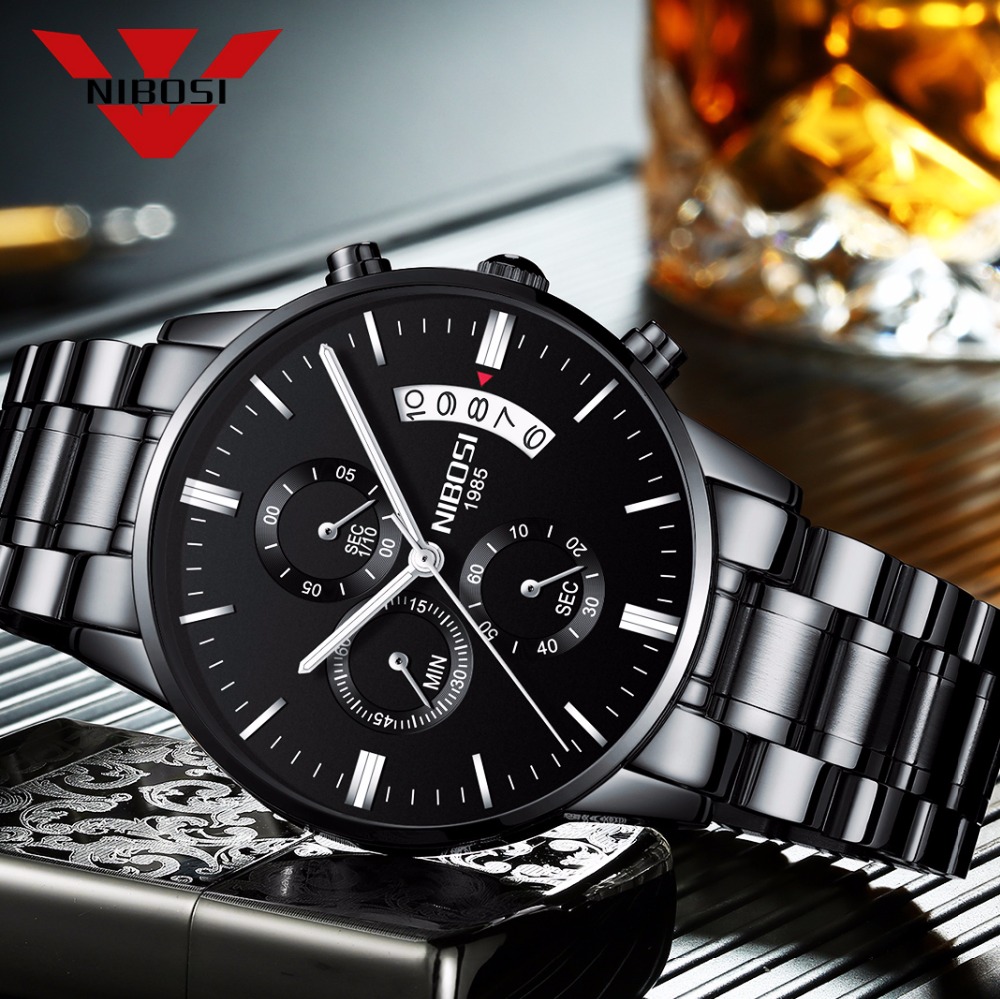 Luxury Watch Mockup - NIBOSI Edelstahl Schwarz Quarzuhr Herren Uhren