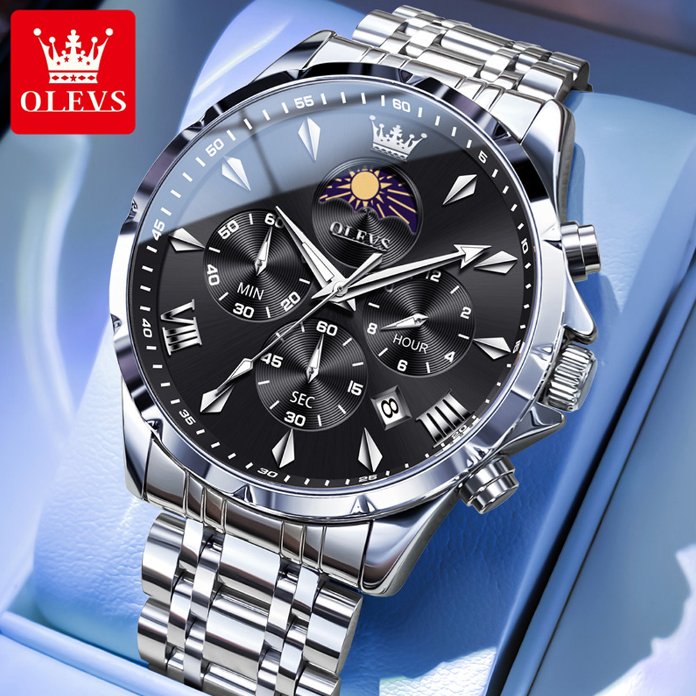Luxury Watch Mockup - OLEVS 3653 Marken-Mondphasen-Kalender Herrenuhr Wasserdichte Quarzuhr