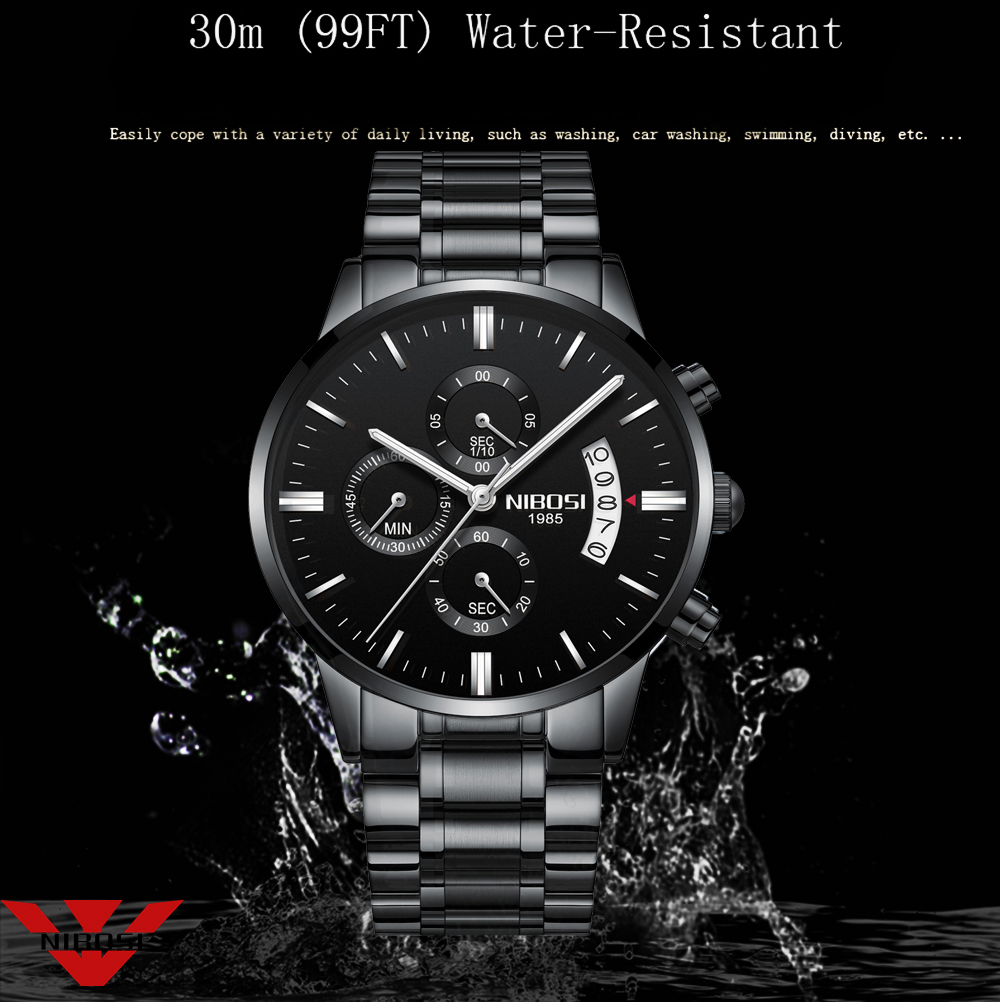 NIBOSI Edelstahl Schwarz Quarz – Luxury Watch Mockup Bewertung und Preis