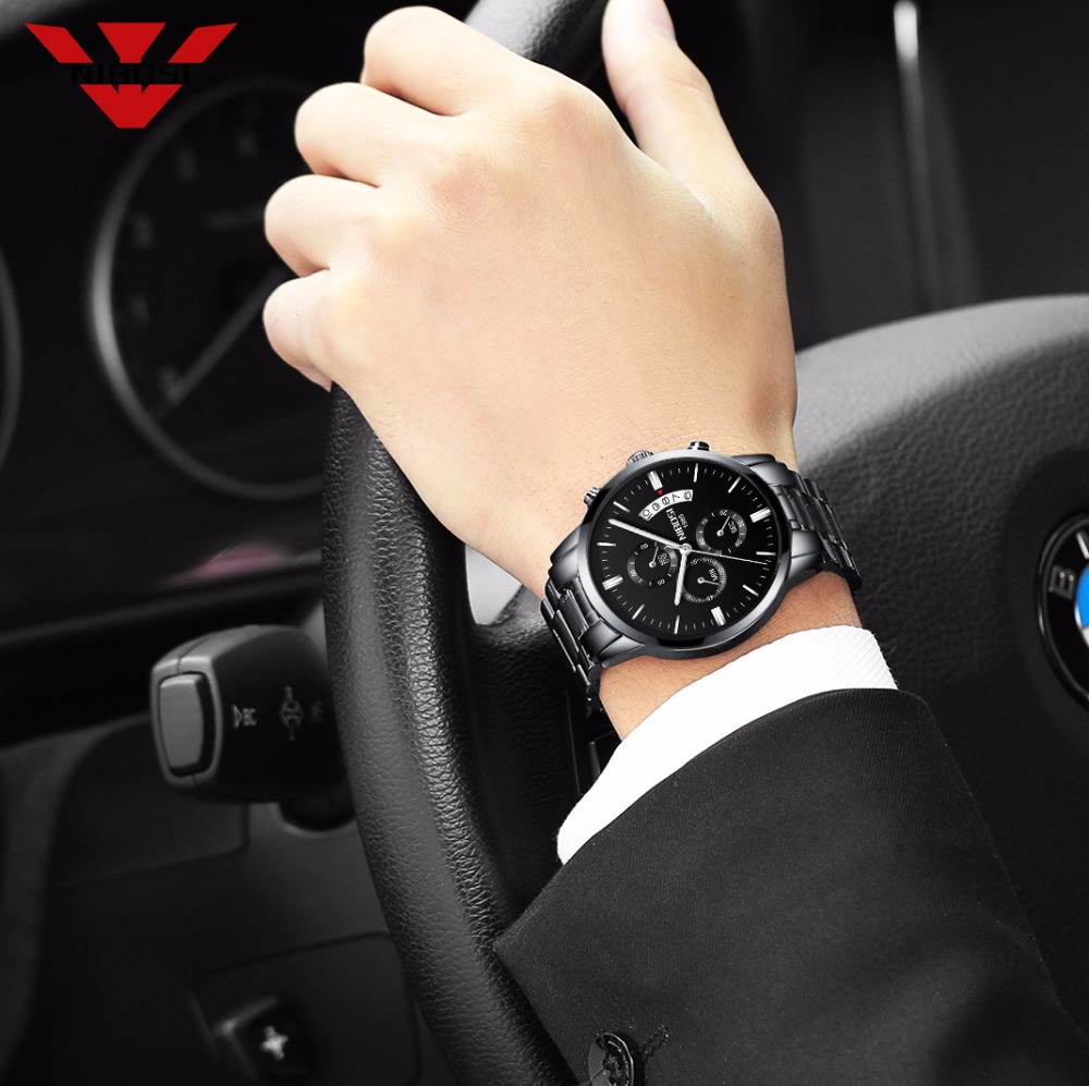 NIBOSI Edelstahl Schwarz Quarz – Luxury Watch Mockup Bewertung und Preis